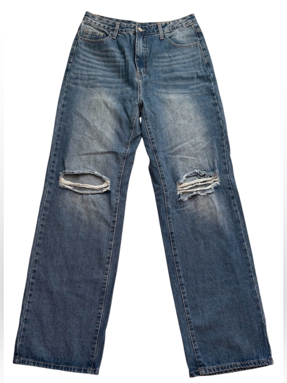 Shein Distressed Straight Leg Jeans Ripped Knee Denim Blue Size Large Tall